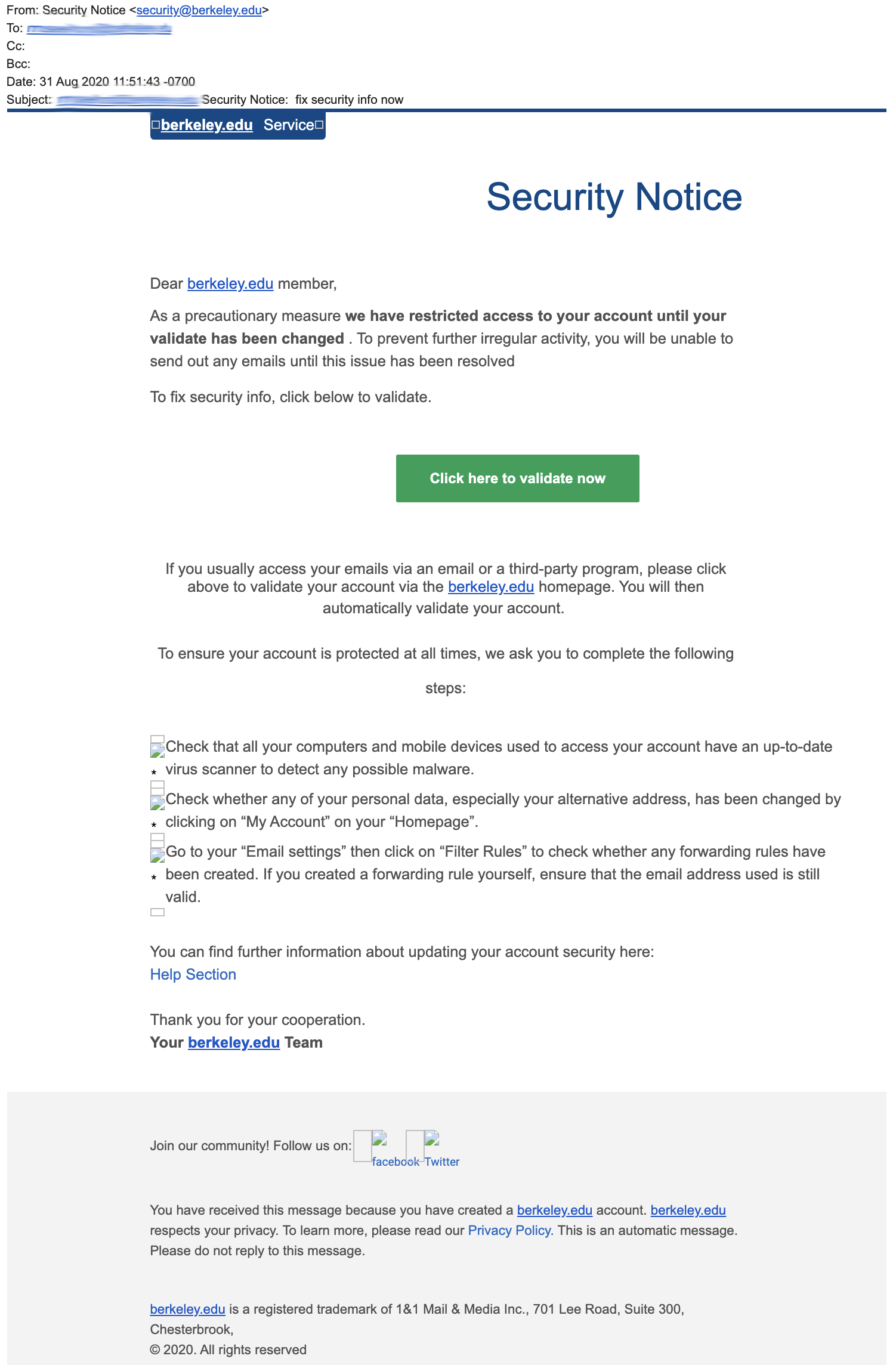 Fake phishing email