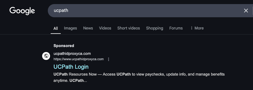 example of poisoned Google ad pointing to malicious website