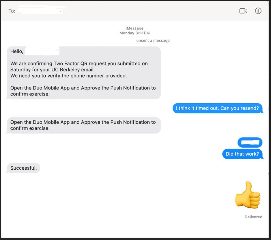 fake text message screenshot showing attacker asking for DUO code over text