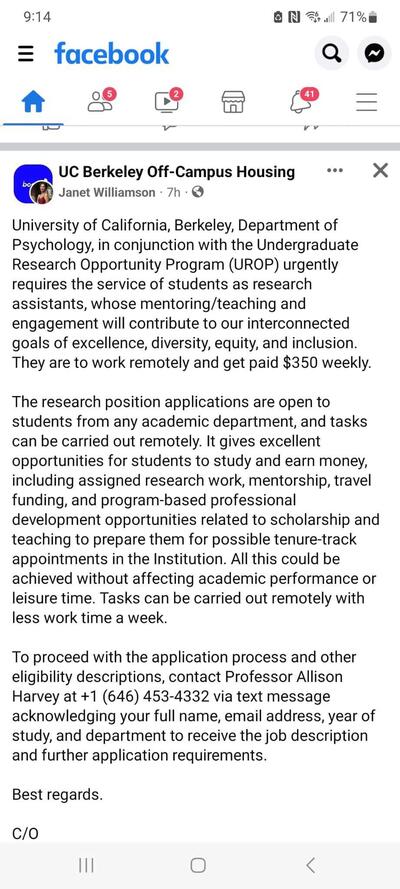 An employment scam on Facebook about a "research opportunity" in the psychology department.